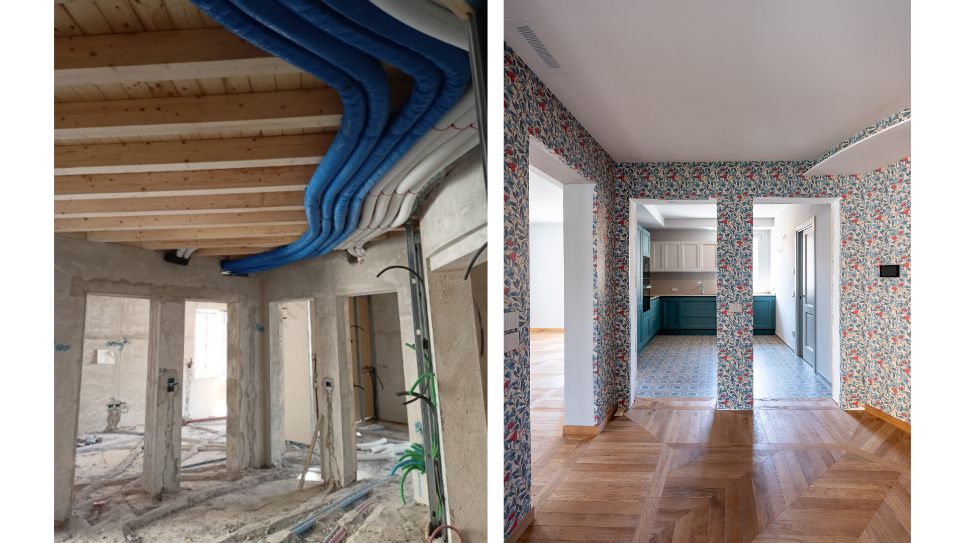 Confronto prima e dopo: a sinistra le condotte blu dell'impianto VMC posate a soffitto durante il cantiere; a destra la stanza completata con carta da parati e parquet.